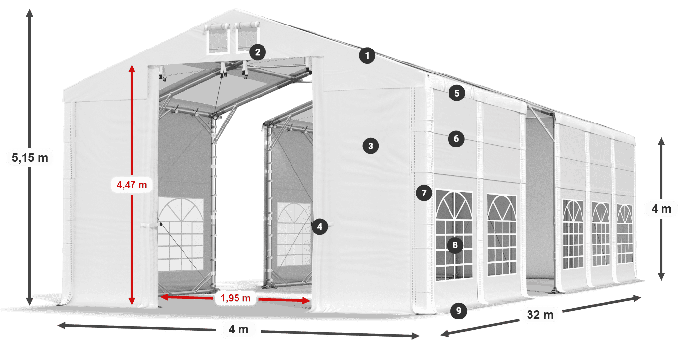 Strecha: MS T 580 PVC Steny: FR 620 PVC 4m legenda