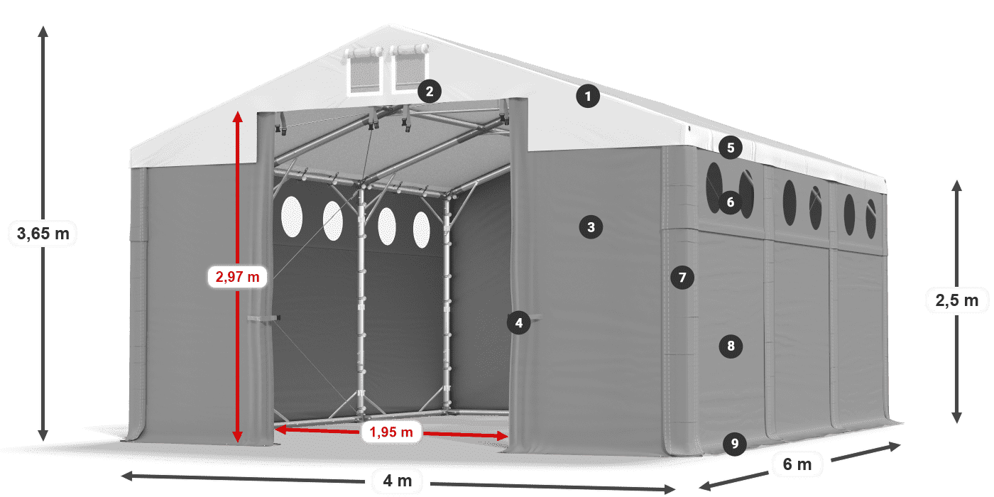 Strecha: FR 620 PVC Steny: MS O 580 PVC 2,5 m legenda