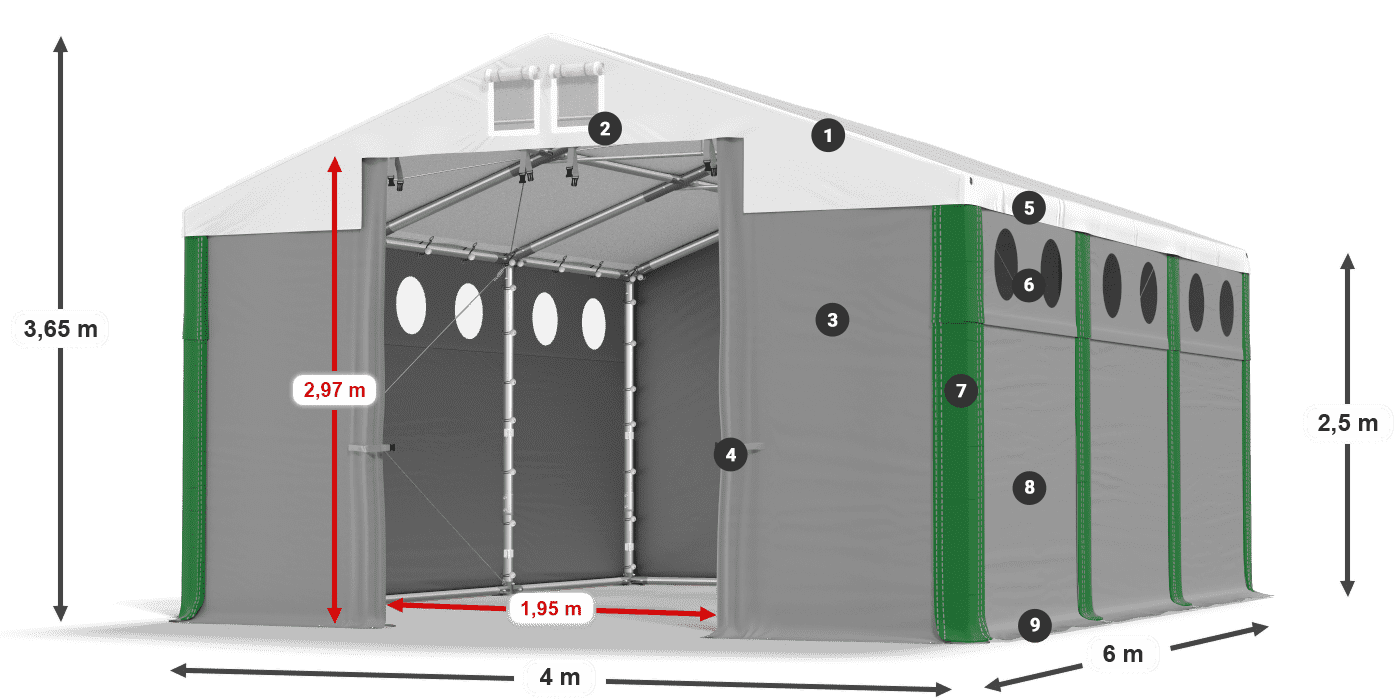 Strecha: FR 620 PVC Steny: MS O 580 PVC 2,5 m legenda