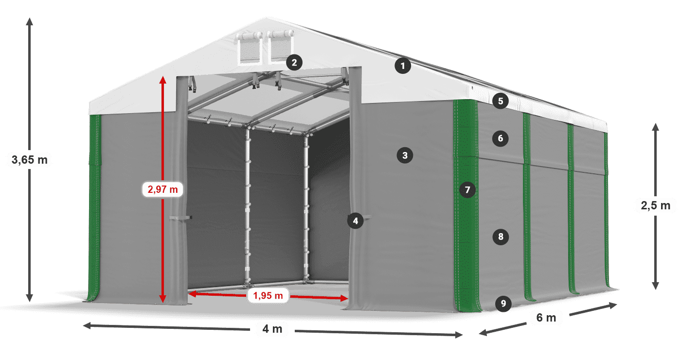 Strecha: MS T 580 PVC Steny: FR 620 PVC 2,5 m legenda