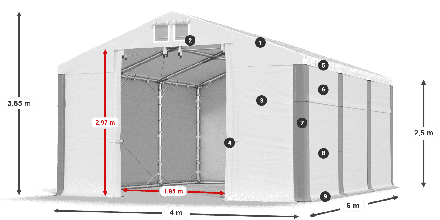 Strecha: MS 580 PVC Steny: SD 500 PVC 2,5 m legenda