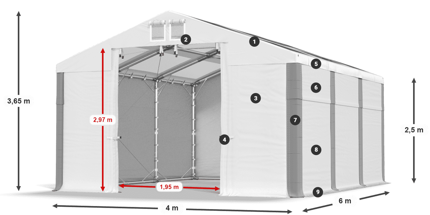 Strecha: MS T 580 PVC Steny: SD 500 PVC 2,5 m legenda