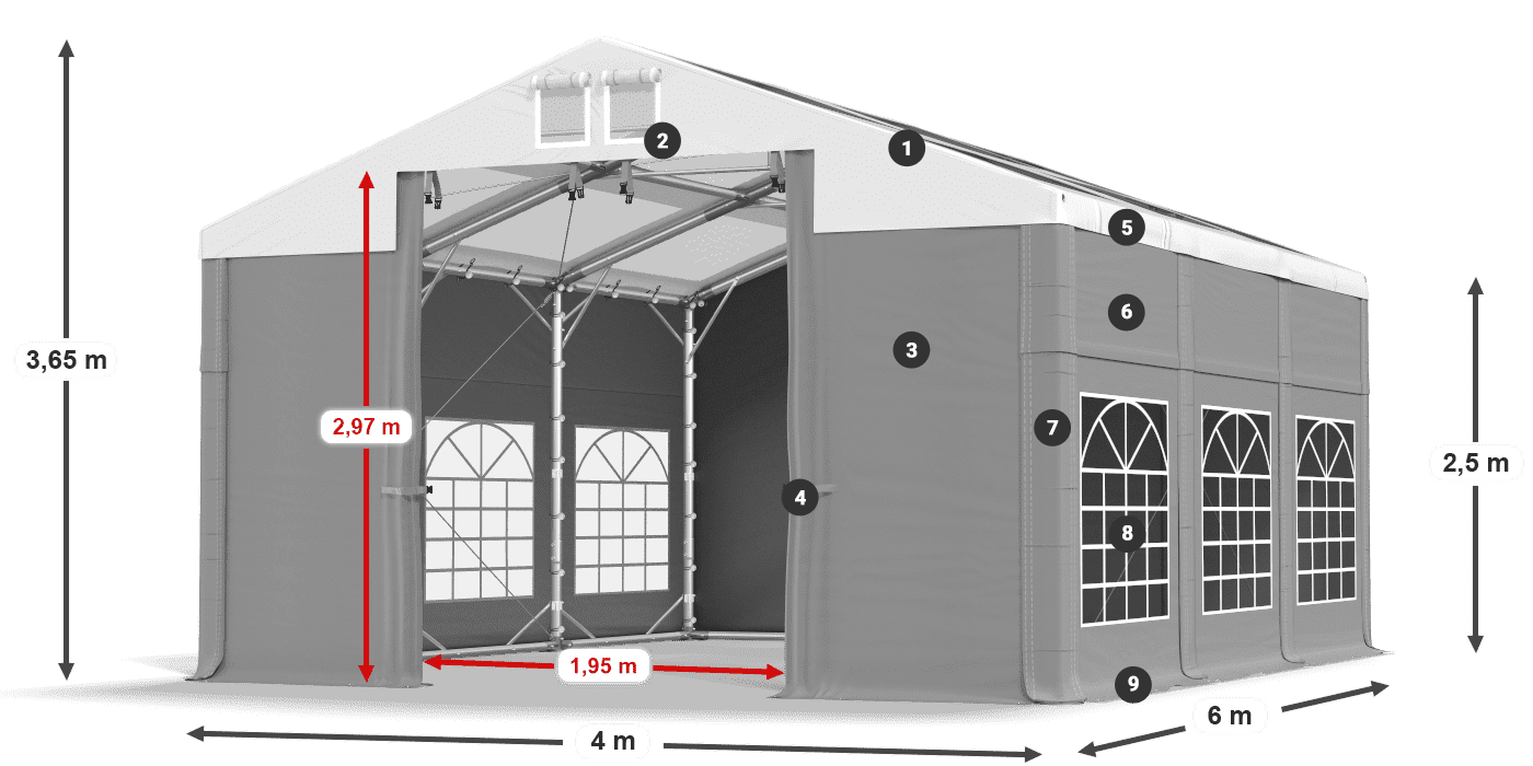 Strecha: MS 580 PVC Steny: SD 500 PVC 2,5 m legenda