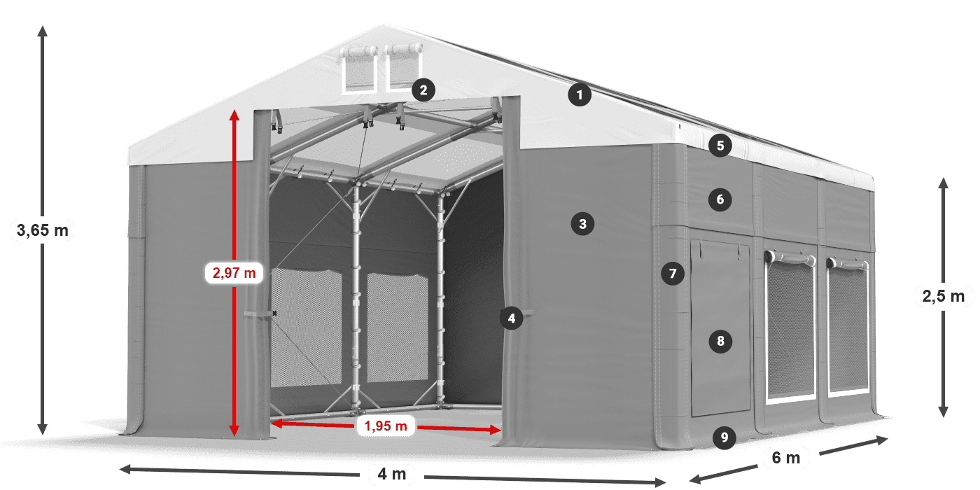 Strecha: MS T 580 PVC Steny: SD M 500 PVC 2,5 m legenda