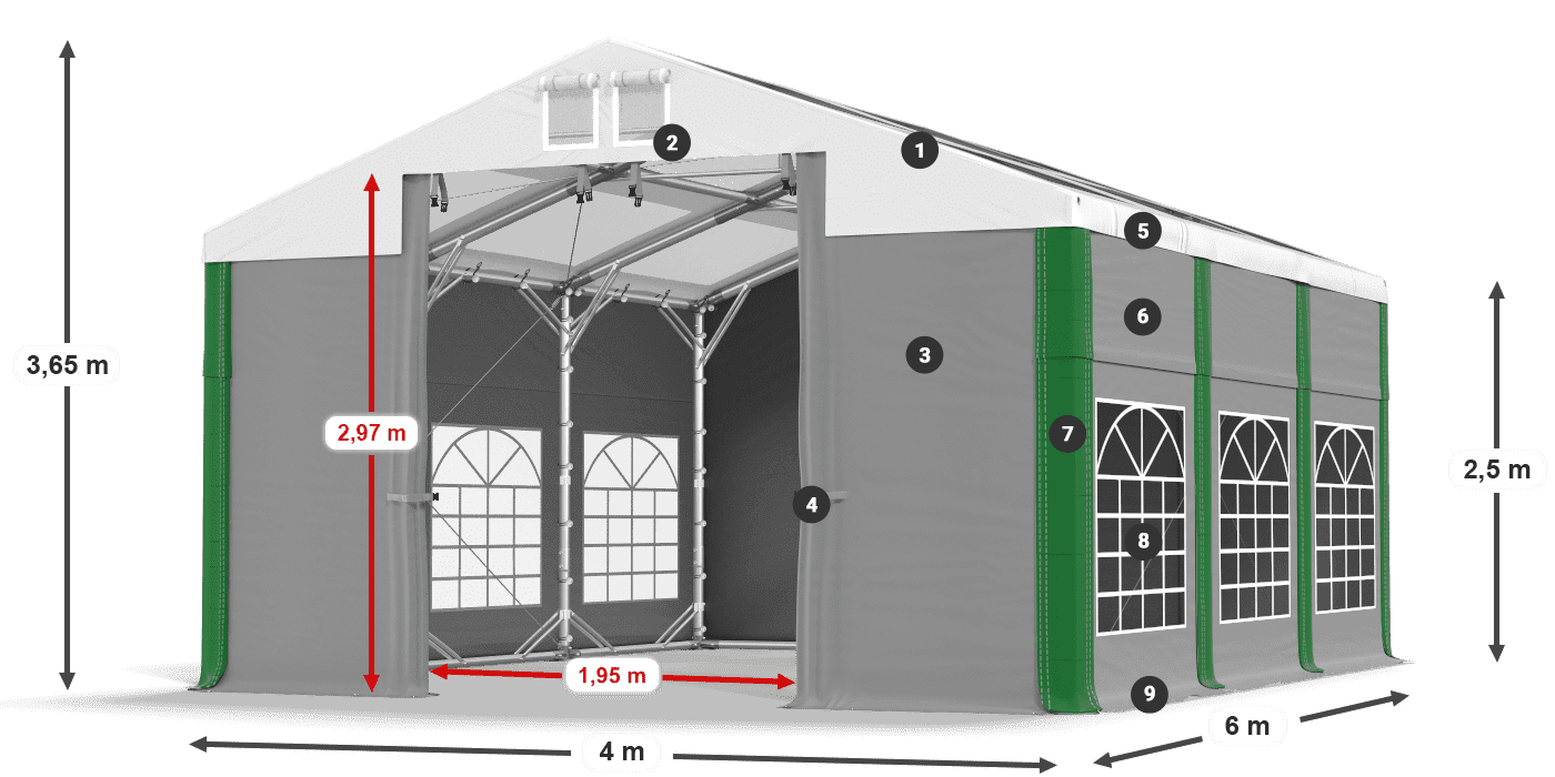 Strecha: MS 580 PVC Steny: SD 500 PVC 2,5 m legenda