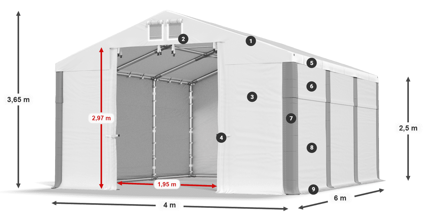 Strecha: MS 580 PVC Steny: SD 500 PVC 2,5 m legenda