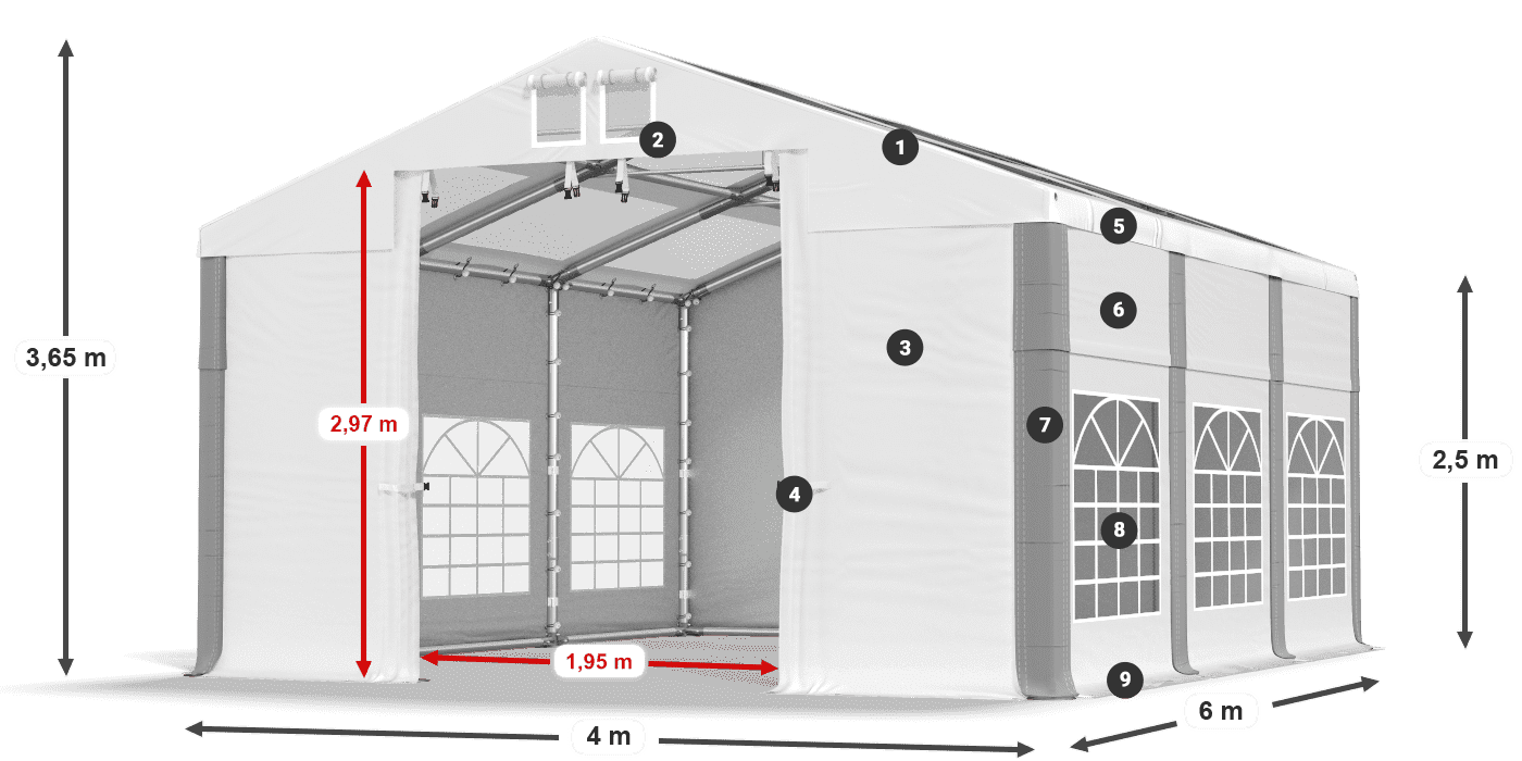 Strecha: MS 580 PVC Steny: SD 500 PVC 2,5 m legenda