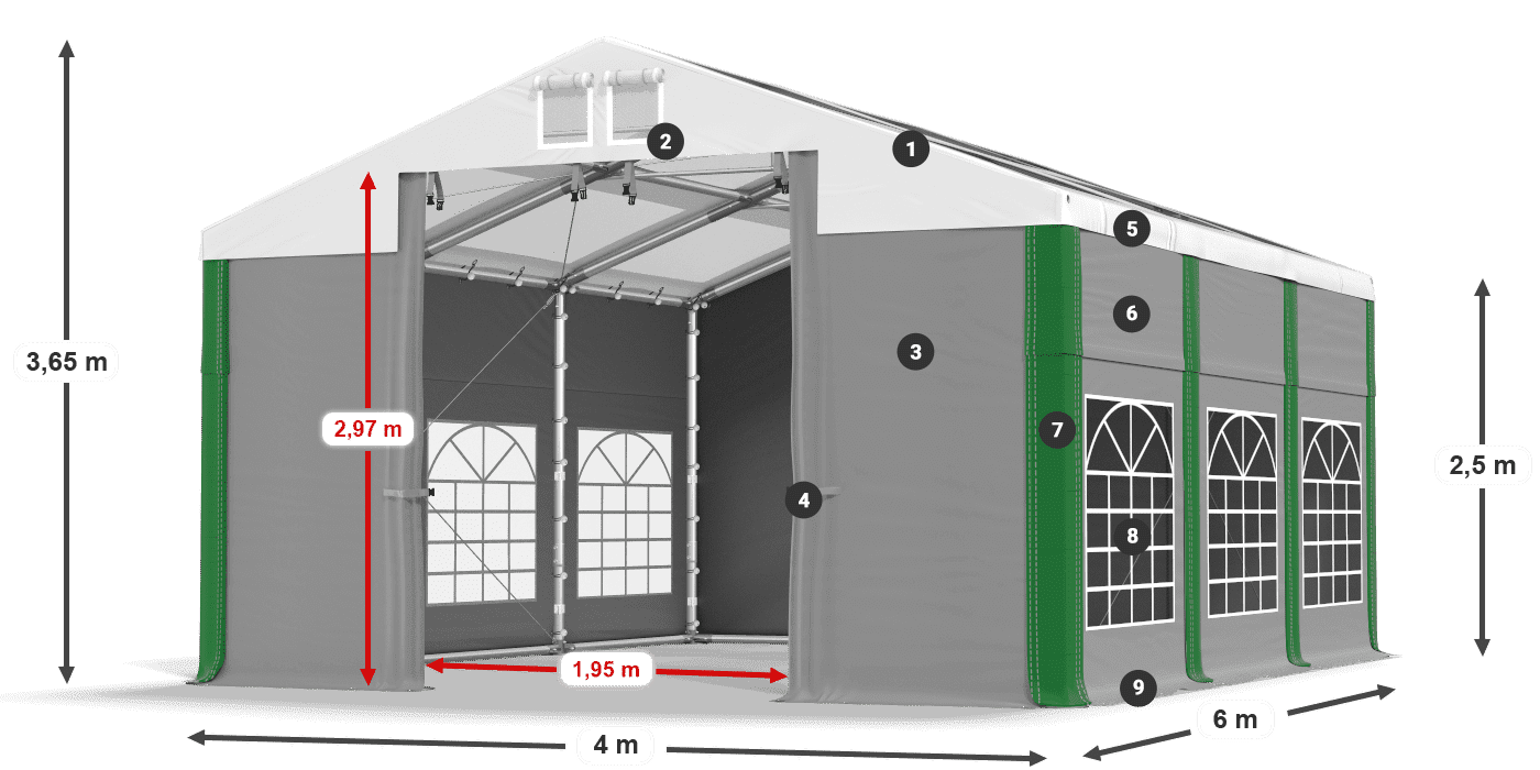 Strecha: MS 580 PVC Steny: SD 500 PVC 2,5 m legenda