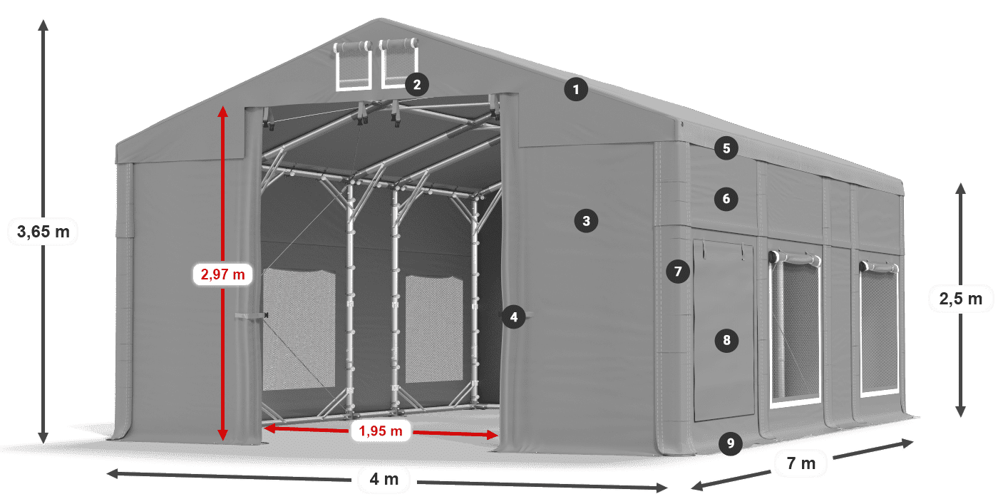 Strecha: MS 580 PVC Steny: SD M 500 PVC 2,5 m legenda