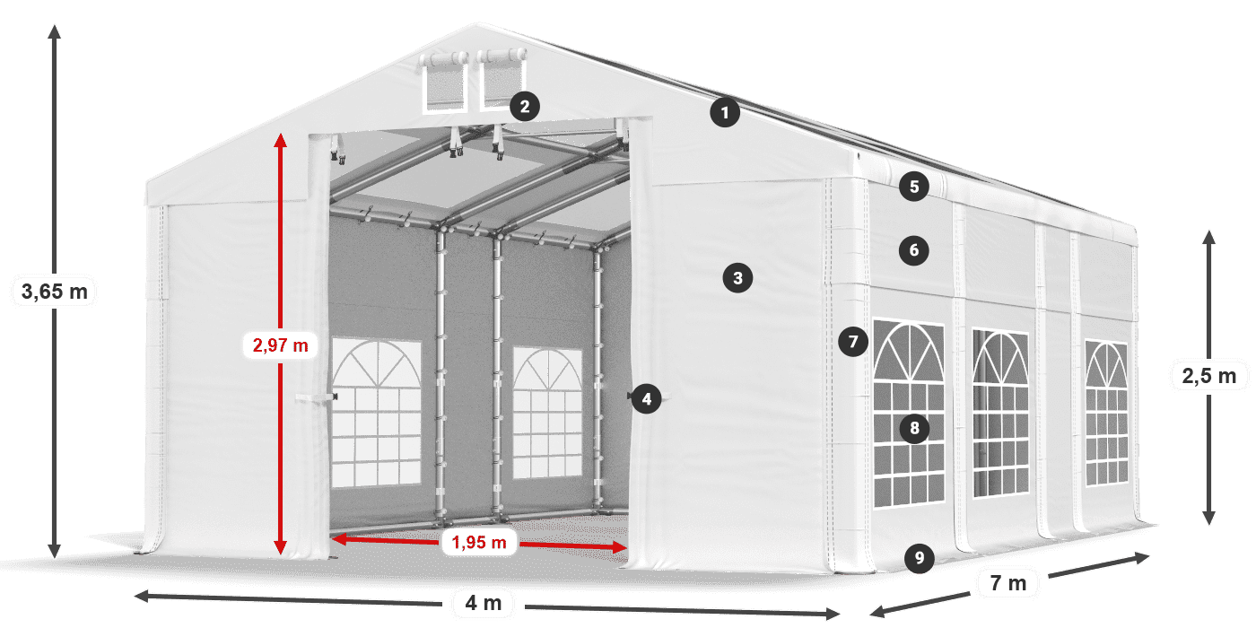 Strecha: MS 580 PVC Steny: SD 500 PVC 2,5 m legenda
