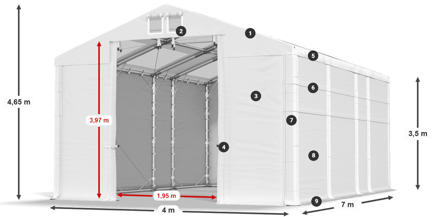 Strecha: MS T 580 PVC Steny: FR 620 PVC 3,5 m legenda