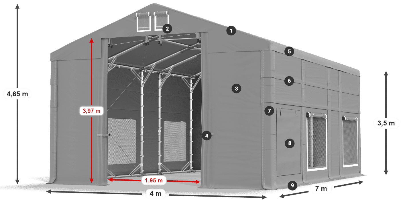 Strecha: MS 580 PVC Steny: SD M 500 PVC 3,5 m legenda