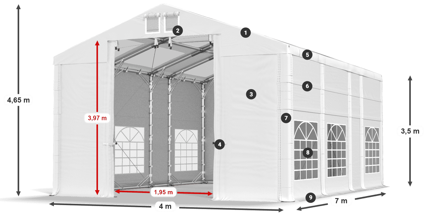 Strecha: MS T 580 PVC Steny: SD 500 AND PVC 3,5 m legenda