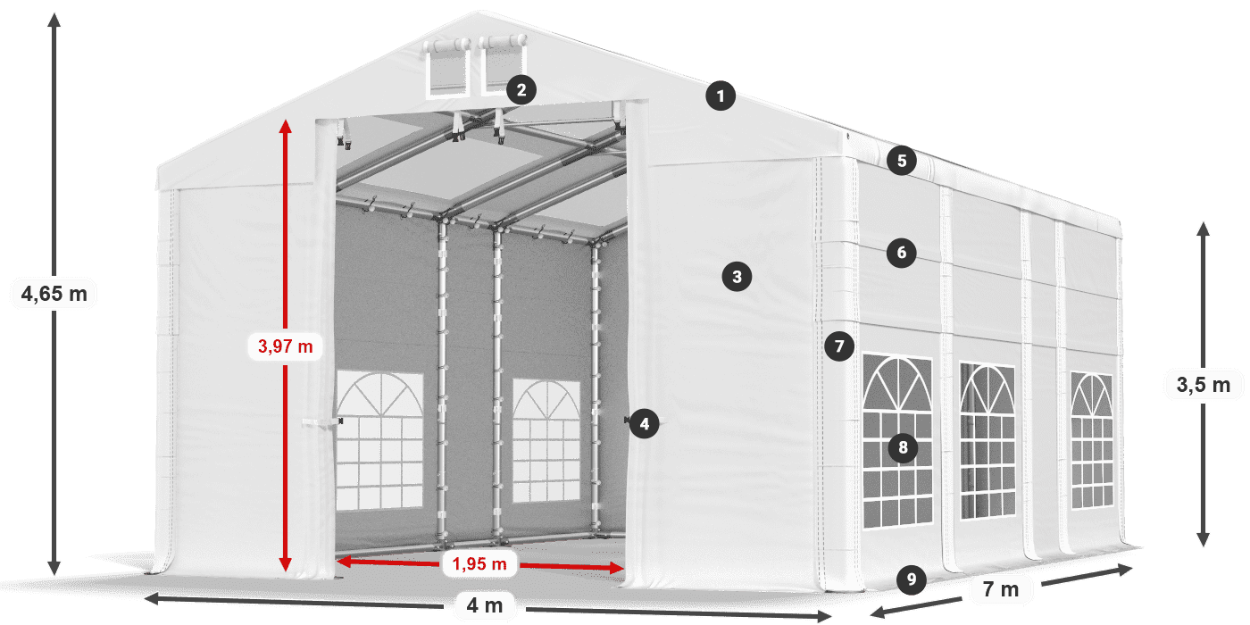 Strecha: MS T 580 PVC Steny: SD 500 AND PVC 3,5 m legenda