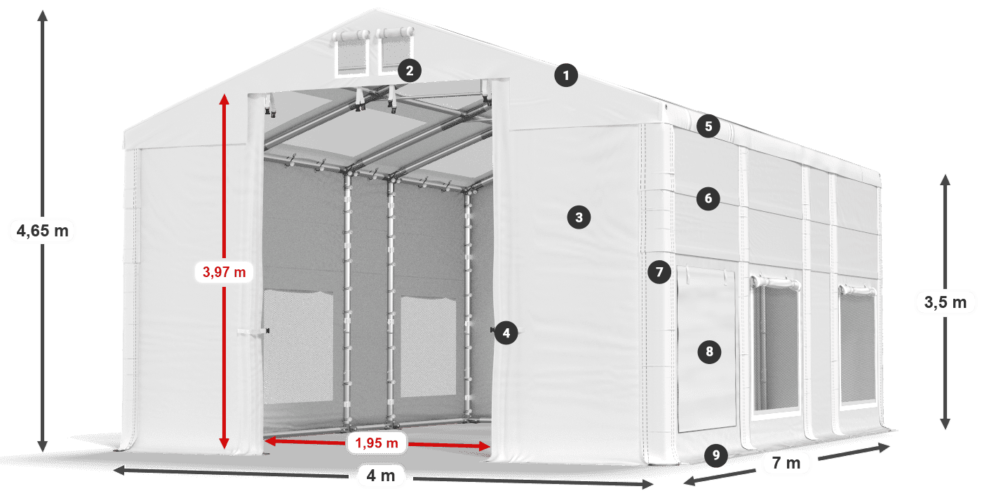 Strecha: MS T 580 PVC Steny: SD M 500 PVC 2,5 m legenda