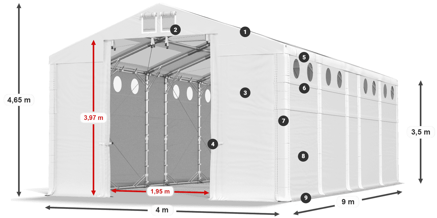 Strecha: MS T 580 PVC Steny: FR O 620 PVC 3,5 m legenda