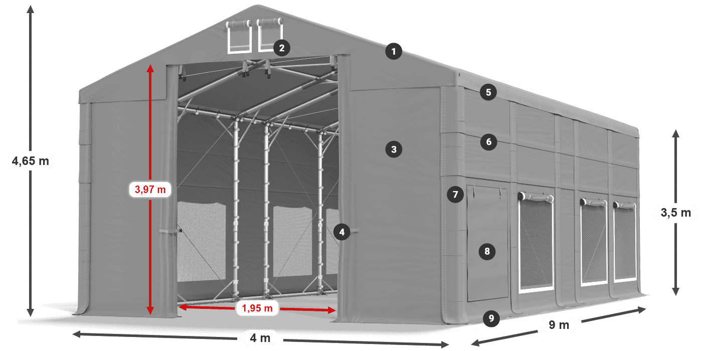 Strecha: MS 580 PVC Steny: SD M 500 PVC 3,5 m legenda
