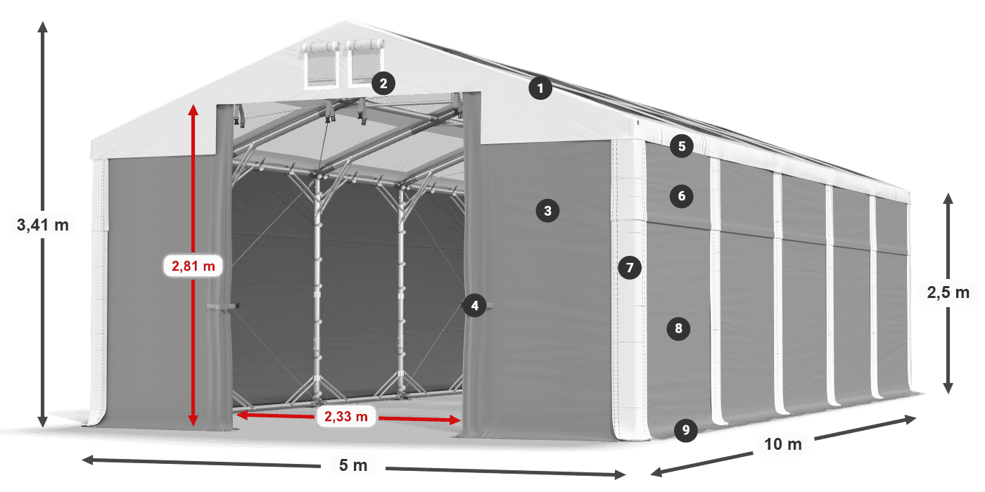 Strecha: MS T 580 PVC Steny: FR 620 PVC 2,5 m legenda