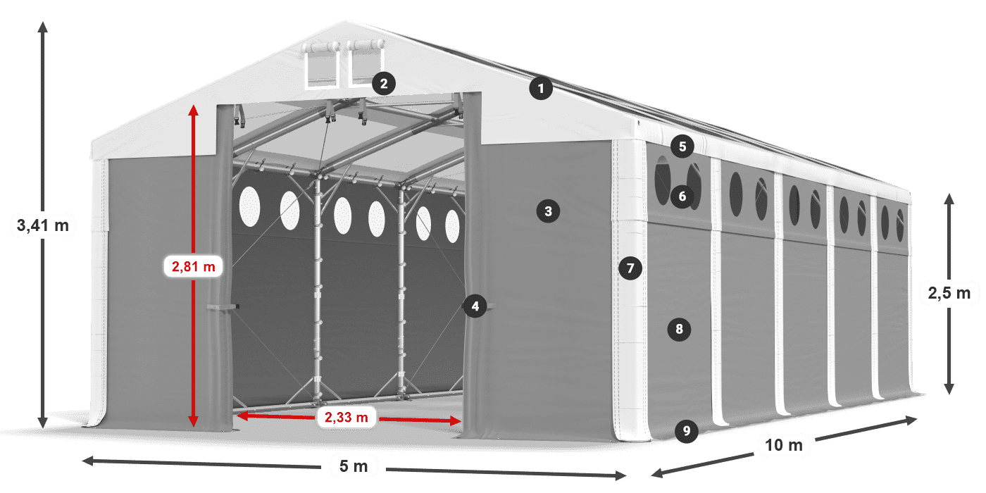 Strecha: MS T 580 PVC Steny: SD O 500 PVC 2,5 m legenda