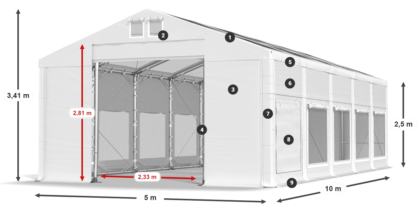 Strecha: MS T 580 PVC Steny: SD M 500 PVC 2,5 m legenda