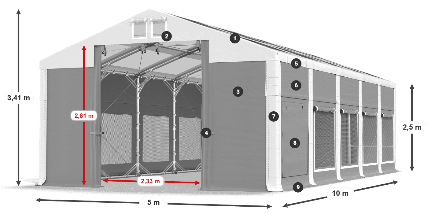 Strecha: MS T 580 PVC Steny: SD M 500 PVC 2,5 m legenda