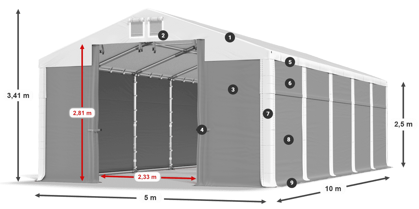 Strecha: MS 580 PVC Steny: SD 500 PVC 2,5 m legenda