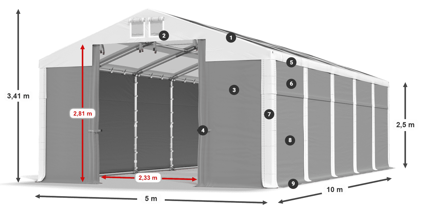 Strecha: MS T 580 PVC Steny: SD 500 PVC 2,5 m legenda