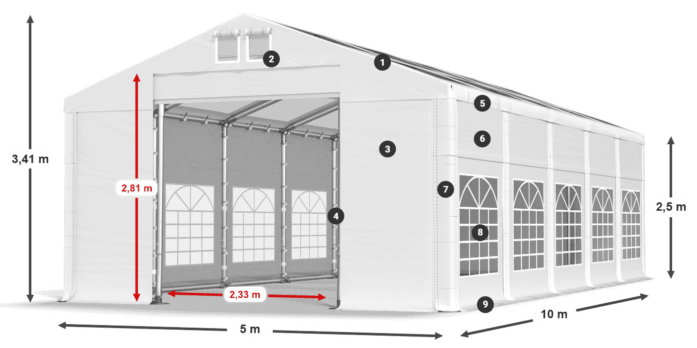 Strecha: MS 580 PVC Steny: SD 500 PVC 2,5 m legenda