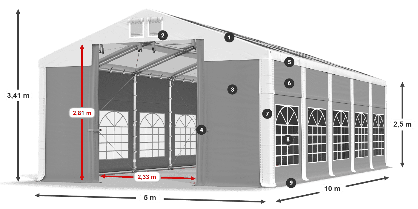 Strecha: MS 580 PVC Steny: SD 500 PVC 2,5 m legenda