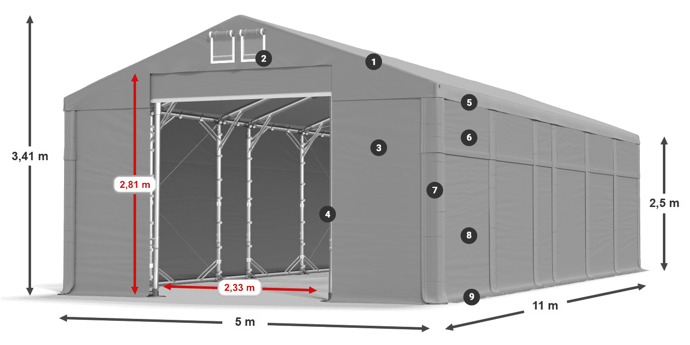 Strecha: MS 580 PVC Steny: FR 620 PVC 2,5 m legenda