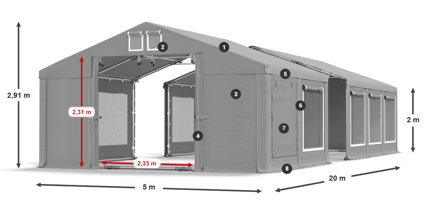 Strecha: MS 580 PVC Steny: SD M 500 PVC 2 m legenda