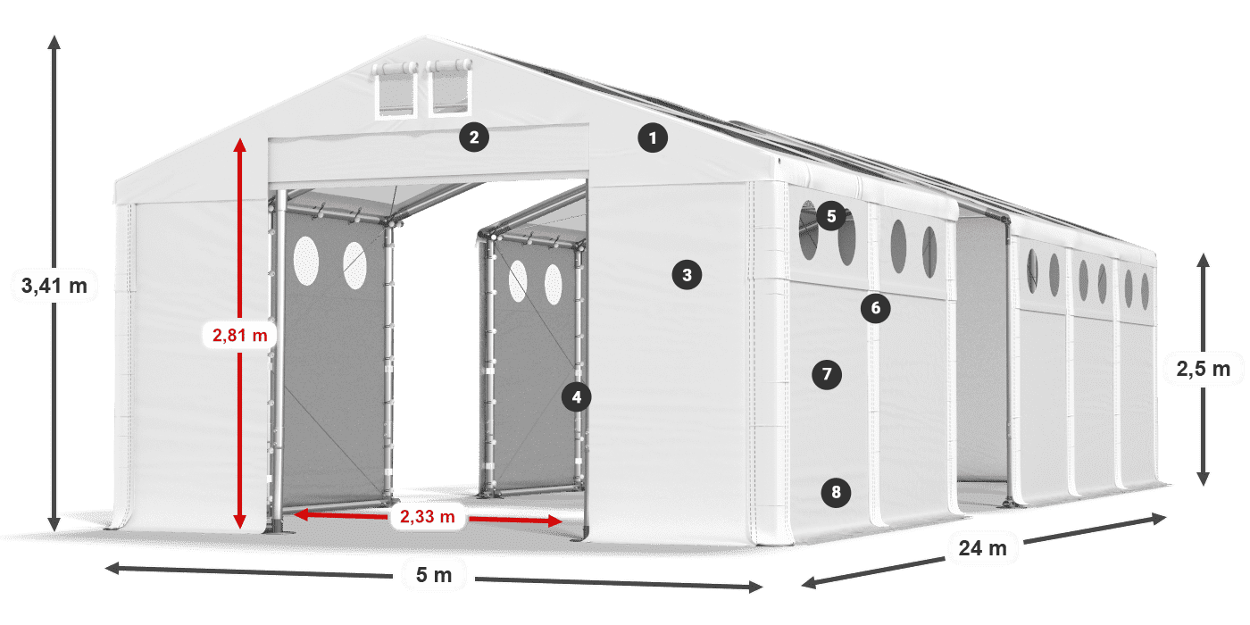 Strecha: MS T 580 PVC Steny: FR O 620 PVC 2,5 m legenda