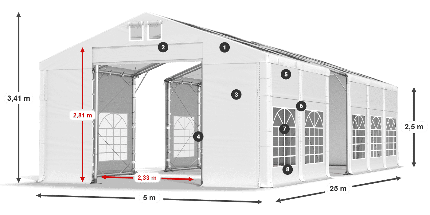 Strecha: MS 580 PVC Steny: SD 500 PVC 2,5 m legenda