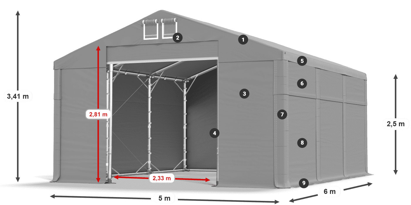 Strecha: MS 580 PVC Steny: FR 620 PVC 2,5 m legenda