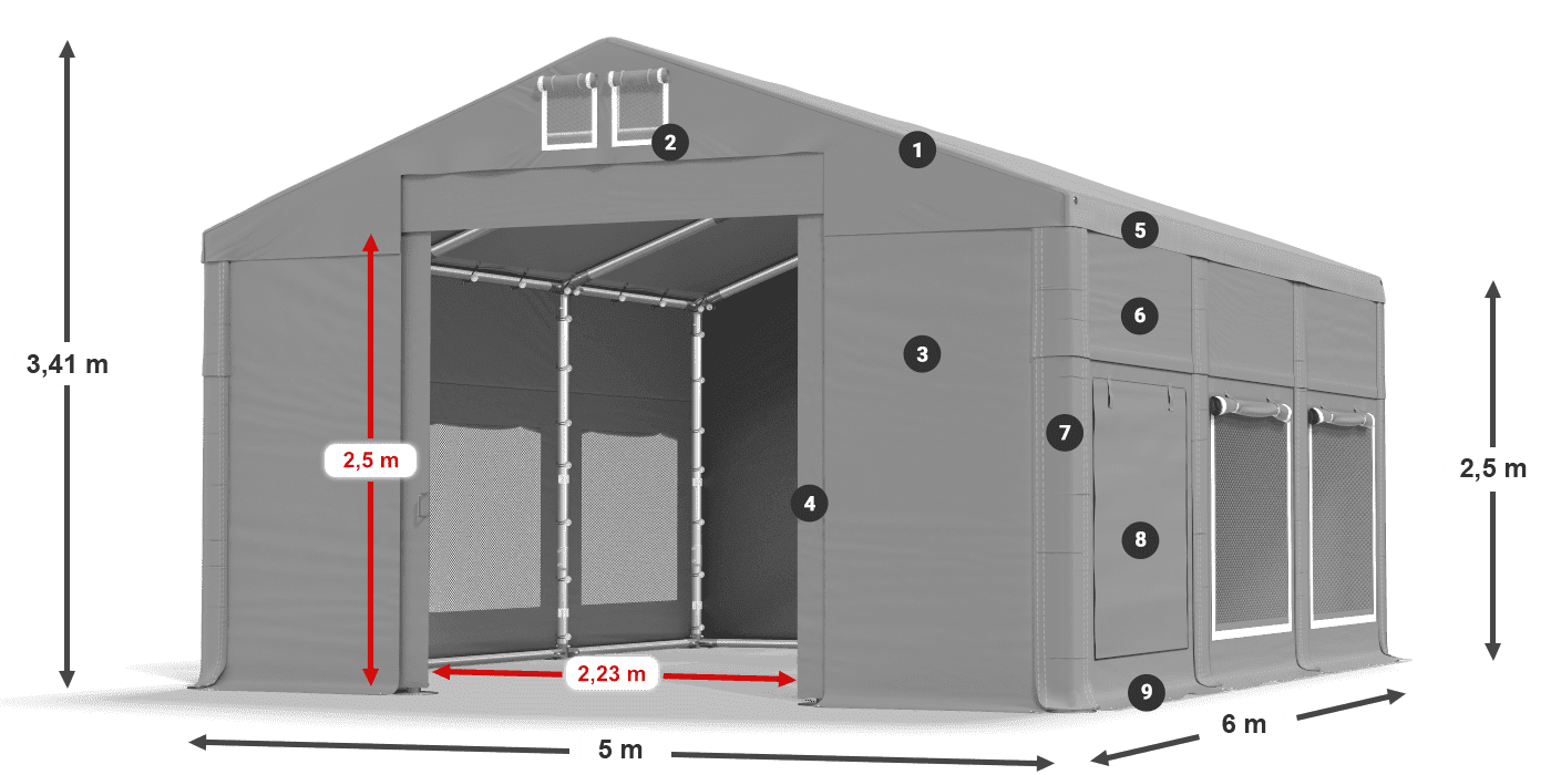 Strecha: MS 580 PVC Steny: SD M 500 PVC 2,5 m legenda