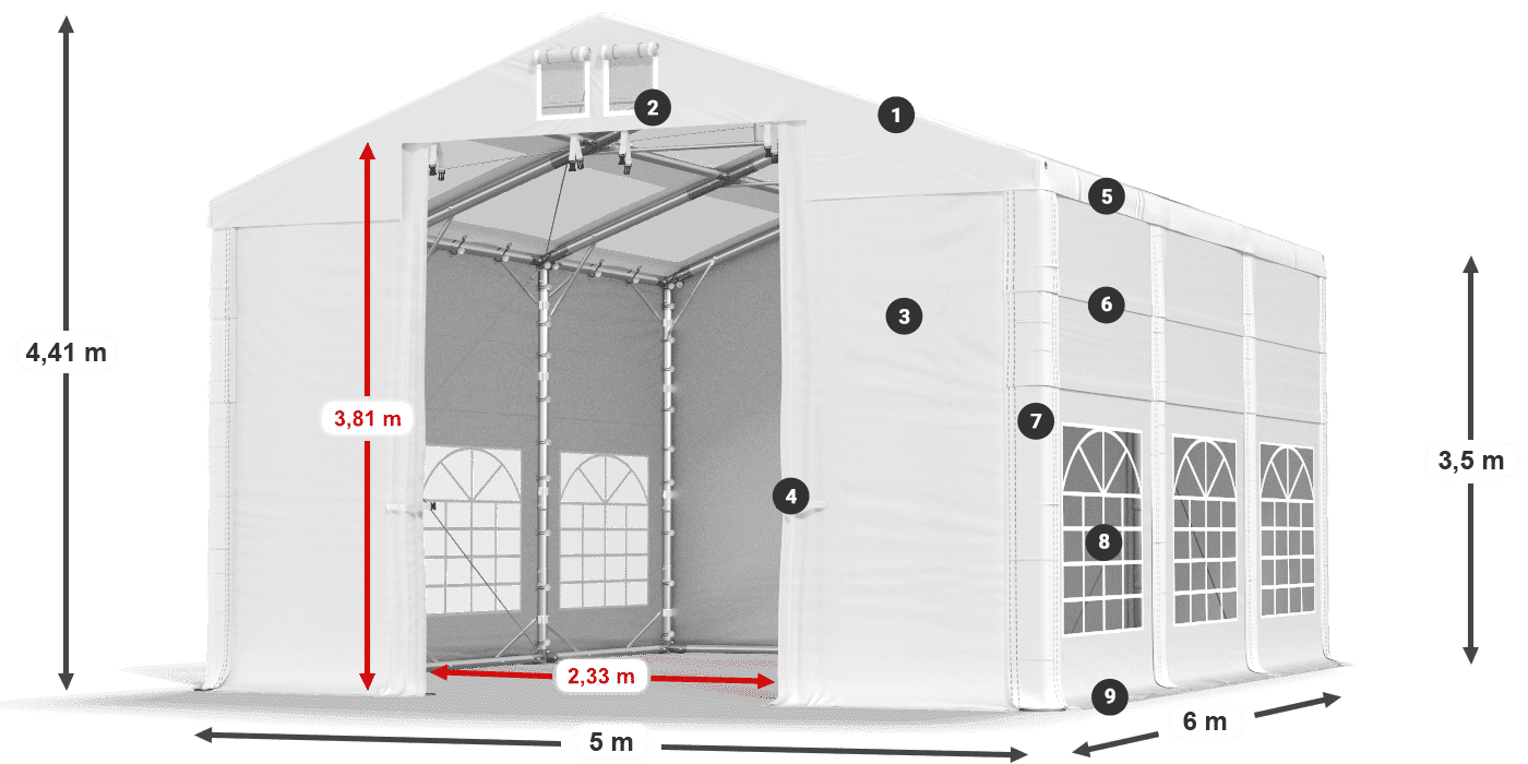 Strecha: MS T 580 PVC Steny: FR 620 PVC 2,5 m legenda