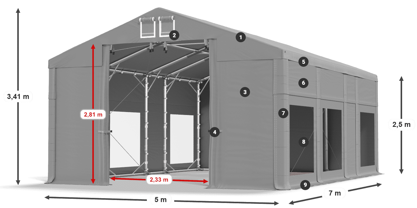 Strecha: FR 620 PVC Steny: MS 580 PVC 2,5 m legenda