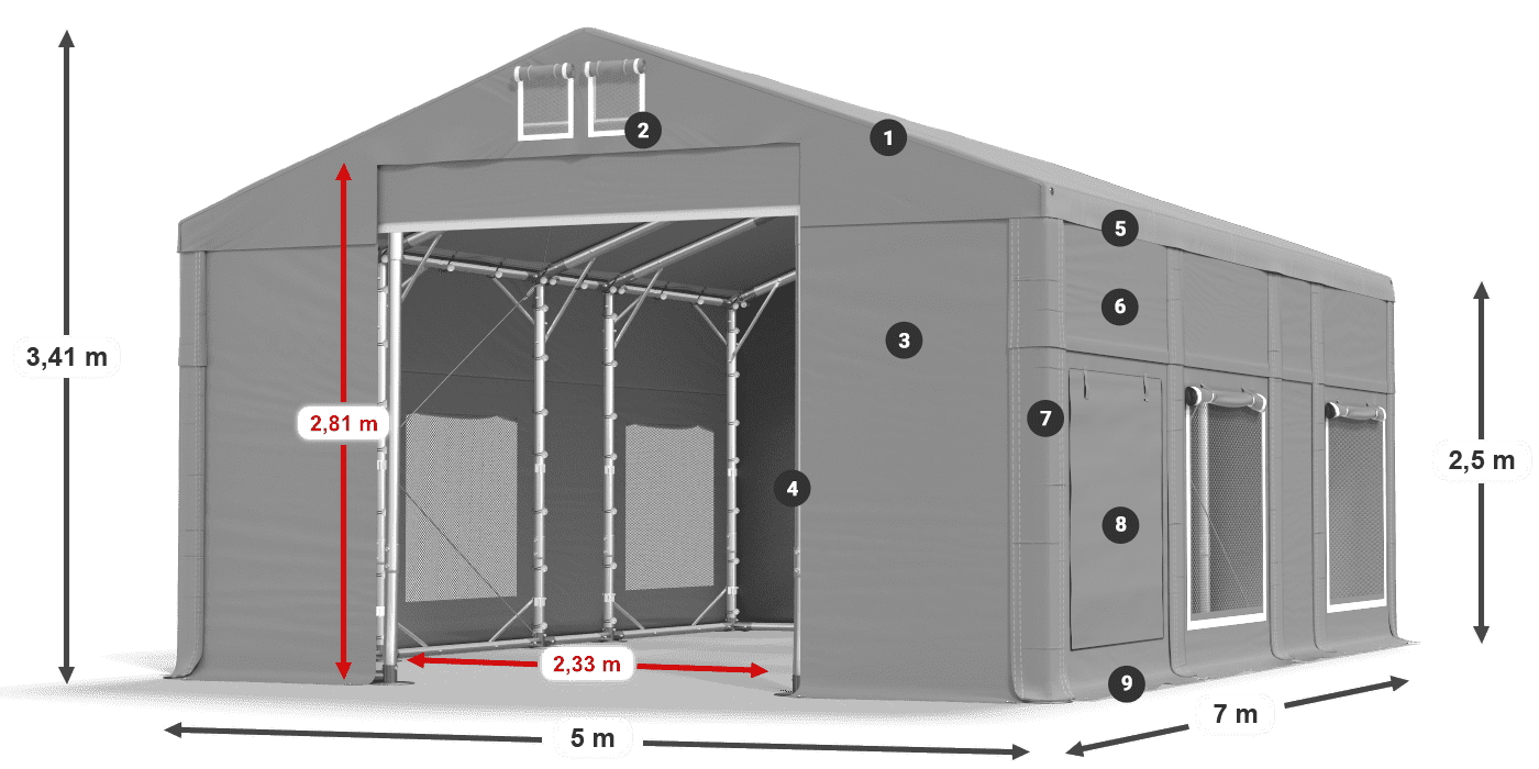 Strecha: FR 620 PVC Steny: SD 500 PVC 2,5 m legenda