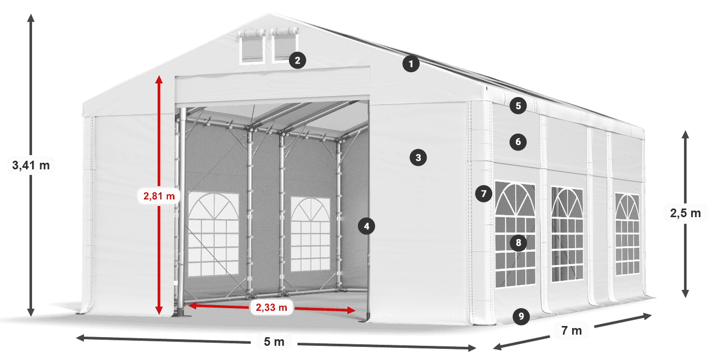 Strecha: MS T 580 PVC Steny: FR 620 PVC 2,5 m legenda