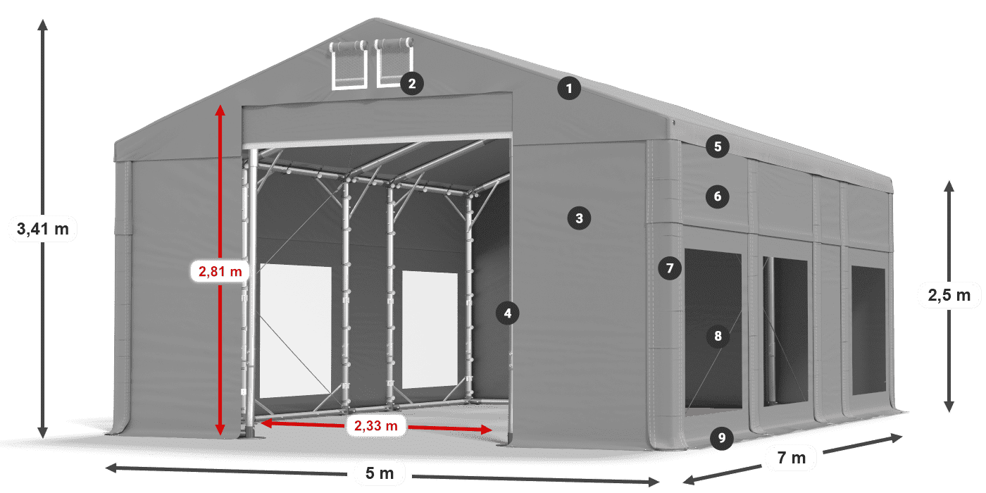 Strecha: MS 580 PVC Steny: MS 580 PVC 2,5 m legenda