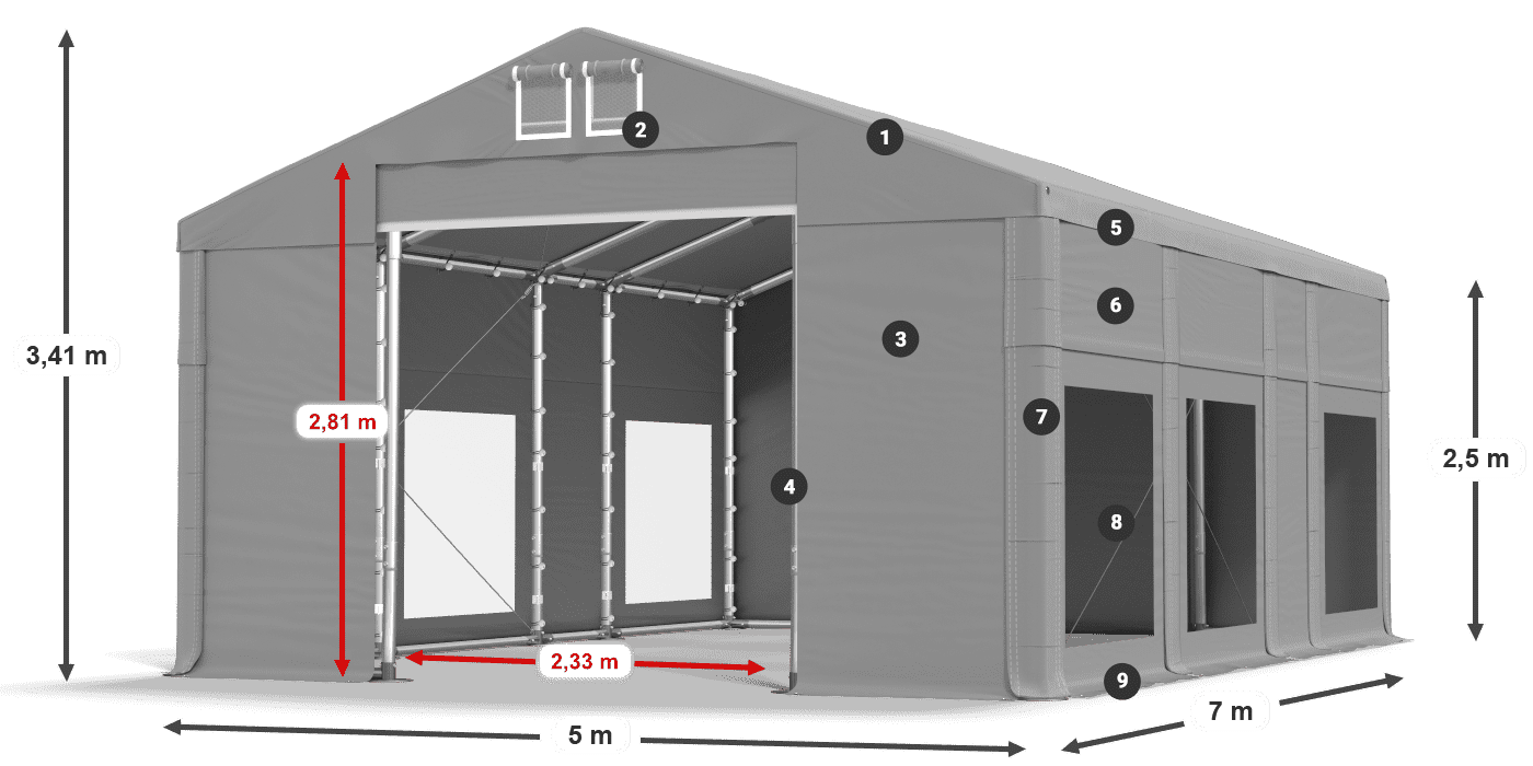 Strecha: MS 580 PVC Steny: MS 580 PVC 2,5 m legenda