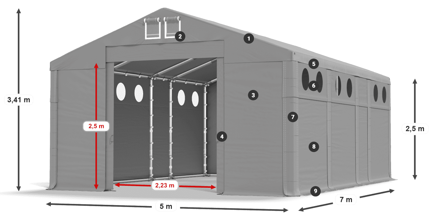 Strecha: MS 580 PVC Steny: SD O 500 PVC 2,5 m legenda