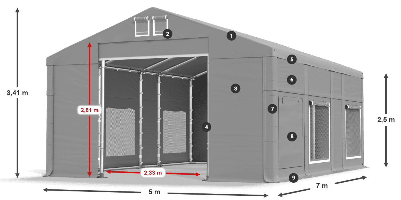 Strecha: MS 580 PVC Steny: SD M 500 PVC 2,5 m legenda