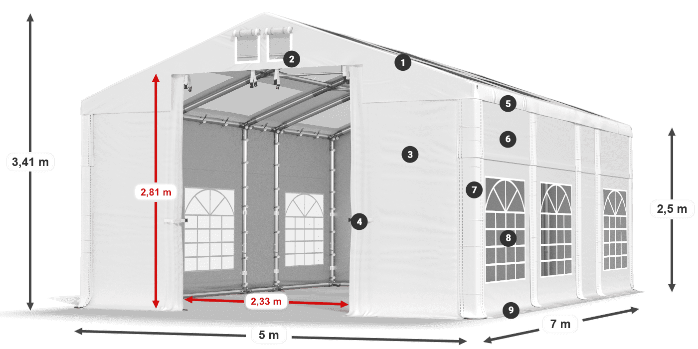 Strecha: MS 580 PVC Steny: SD 500 PVC 2,5 m legenda