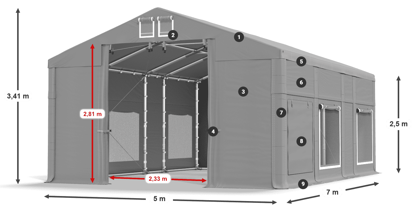 Strecha: MS 580 PVC Steny: SD M 500 PVC 2,5 m legenda