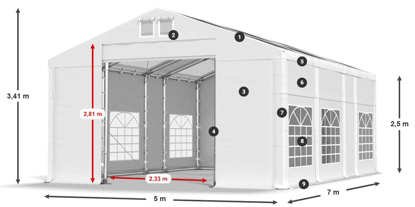 Strecha: MS 580 PVC Steny: SD 500 PVC 2,5 m legenda
