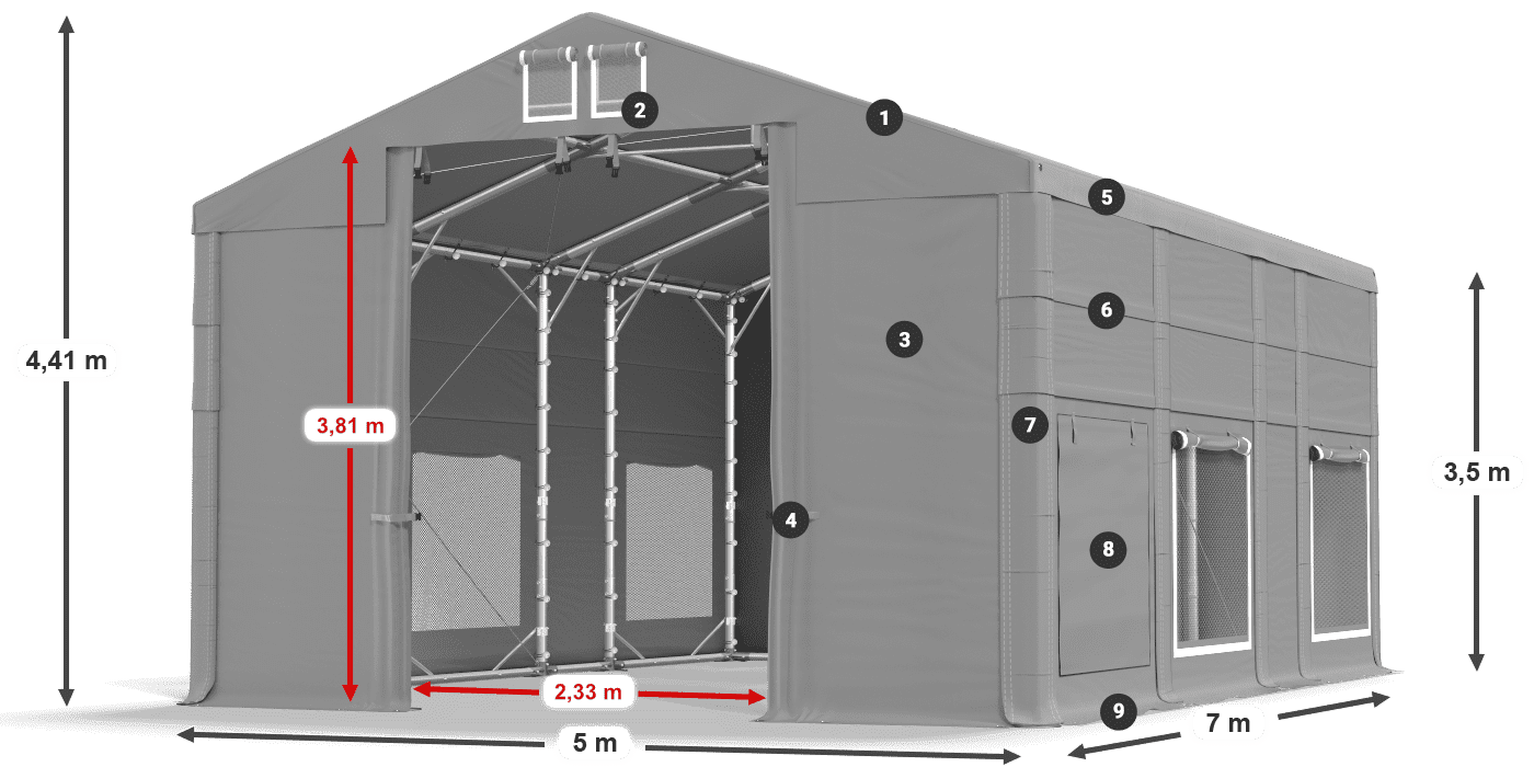 Strecha: FR 620 PVC Steny: SD 500 PVC 3,5 m legenda