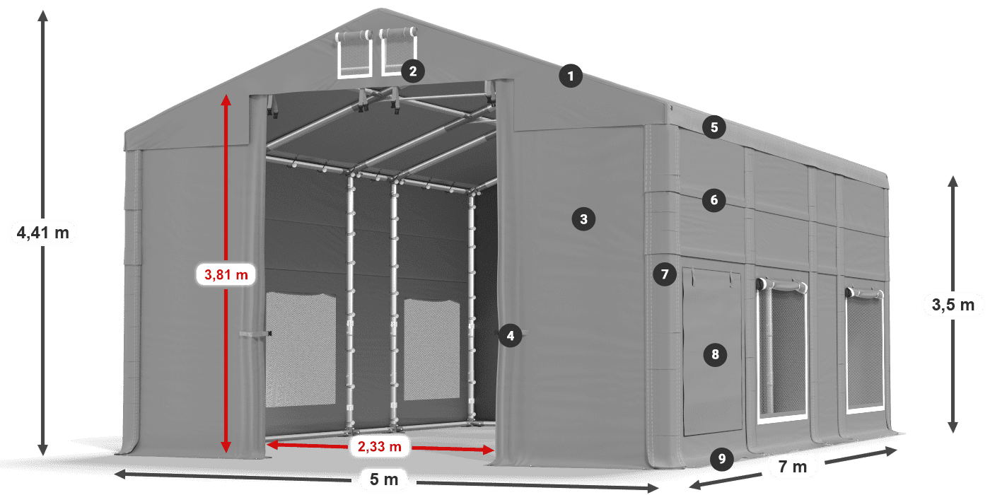 Strecha: FR 620 PVC Steny: SD 500 PVC 3,5 m legenda