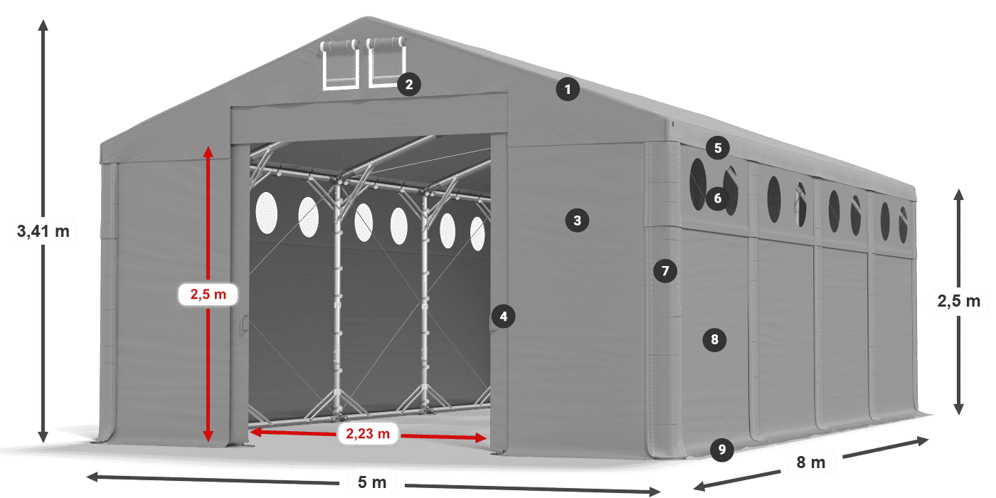 Strecha: FR 620 PVC Steny: SD O 500 PVC 2,5 m legenda