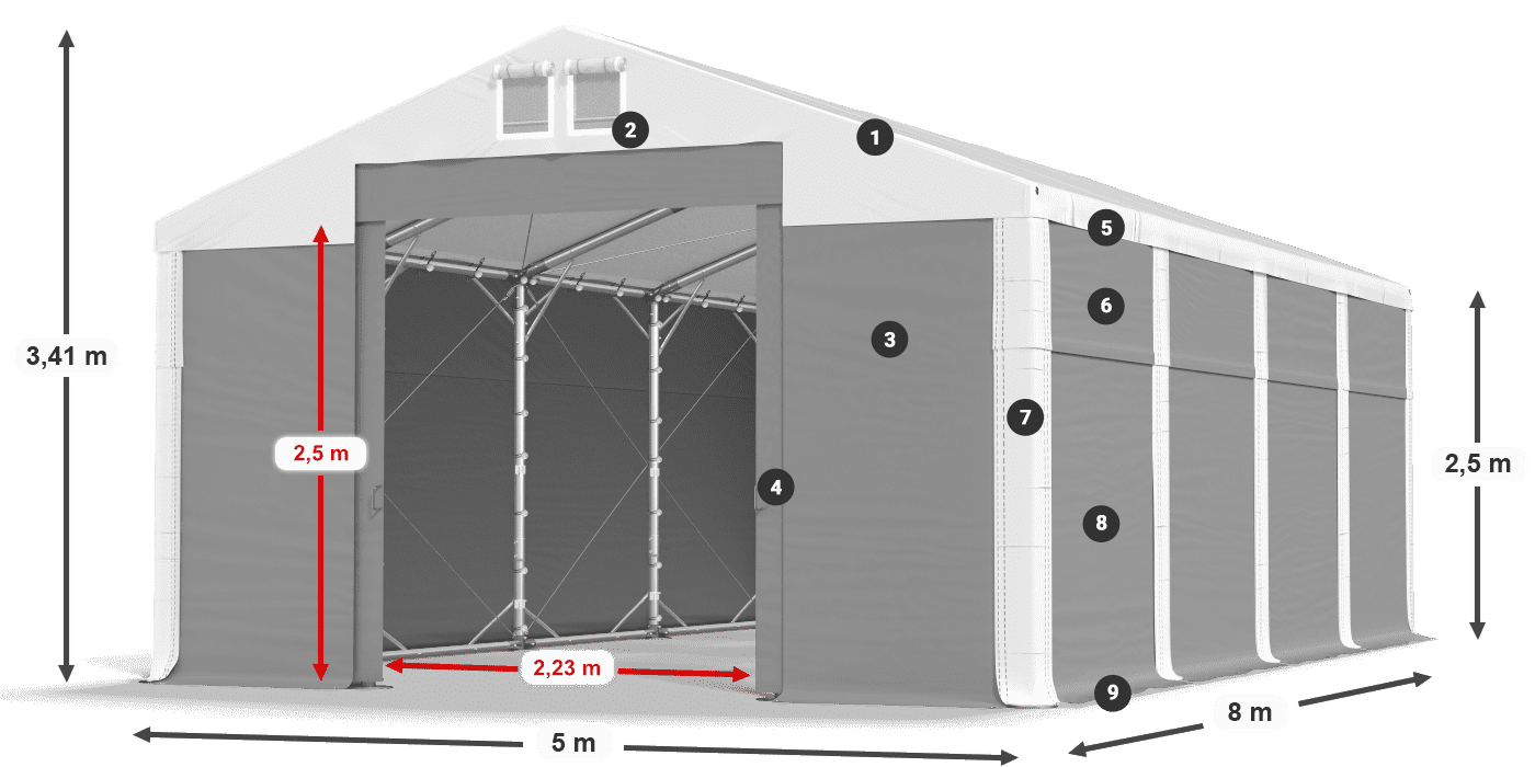 Strecha: MS 580 PVC Steny: FR 620 PVC 2,5 m legenda